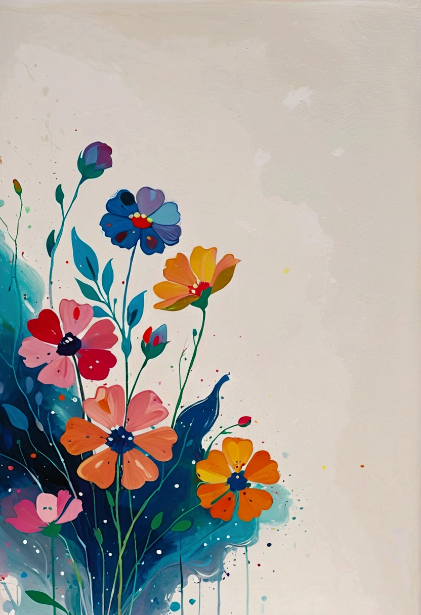 Fluid smudge painting，Dot，Colorful flowers，Minimalism，Inspired by the coronavirus。(((Negative Space,Large area of blank, Bottom left corner composition)))