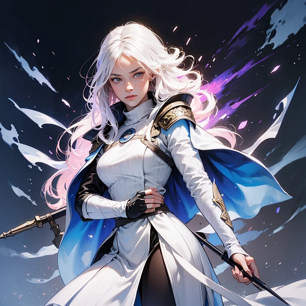 The main character in the Scandinavian Nordic theme. shaman, woman. It is necessary to depict an interesting weapon and a guardian spirit. The preferred details would be a dynamic pose., Rendering style is casual, soft, with neat shapes and detailed textures, Pure colors, without burnt or dirty. The character should look finished., do not give the impression of a sketch or a quick drawing. digital painting