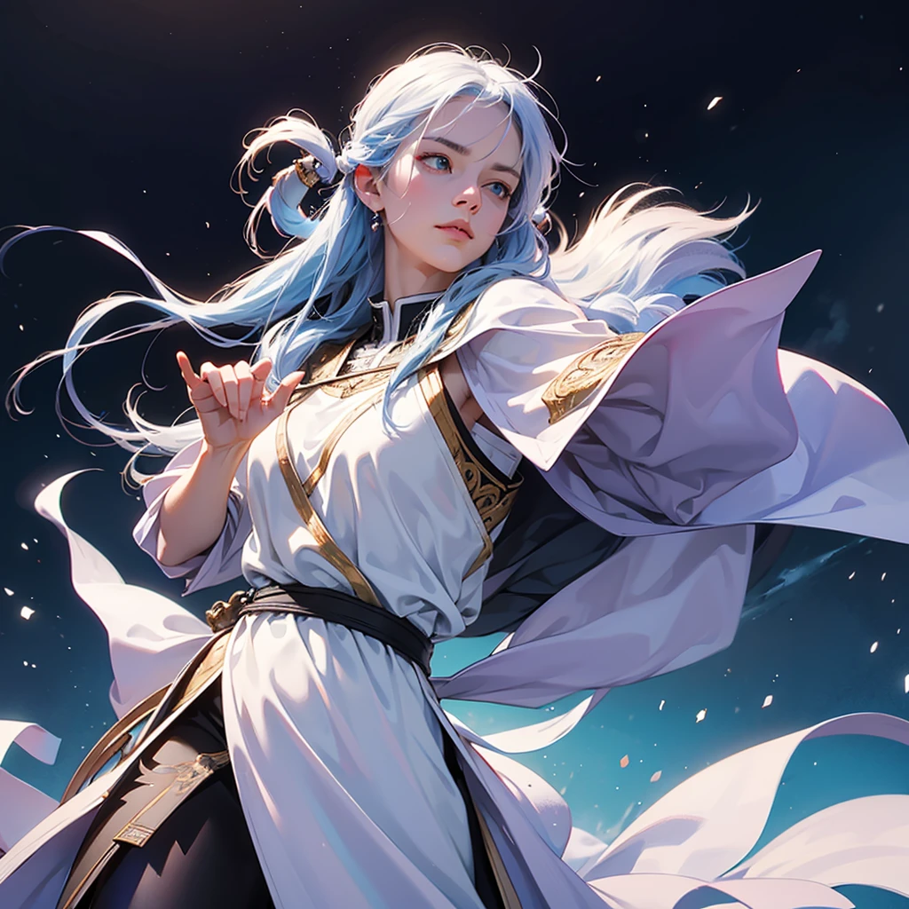 The main character in the Scandinavian Nordic theme. shaman, woman. It is necessary to depict an interesting weapon and a guardian spirit. The preferred details would be a dynamic pose., Rendering style is casual, soft, with neat shapes and detailed textures, Pure colors, without burnt or dirty. The character should look finished., do not give the impression of a sketch or a quick drawing. digital painting