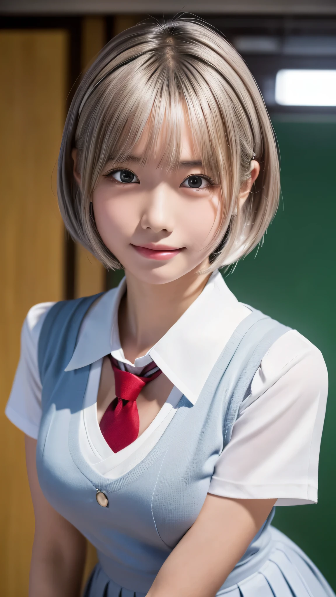 ((masterpiece, Highest quality, High resolution)), 1 Japanese girl, (Realistic: 1.4), Blushed cheeks、Embarrassing、A shy smile、Great face,Glossy lips、15 years old, Silver Hair、Silver Hair、short hair, Silver Hair、(Beautiful Hair:1.5), Japanese school uniform、See through、White dress shirt、Short sleeve、Red tie、Short skirt、Large Breasts、Cleavage、No underwear、School classroom、Staring、Angle from the front, Smooth, Highly detailed CG composite 8K background, High resolution RAW color photos, Professional photography, Light, BackLight, impressive, Written boundary depth, (Face close-up:1.2)