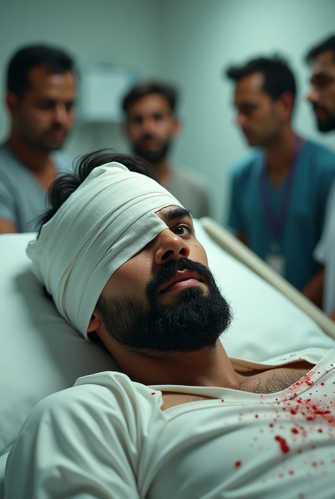 Create best quality high resolution natural image of virat kohli with head injury full bandage on forehead covered blood stains in hospital with people