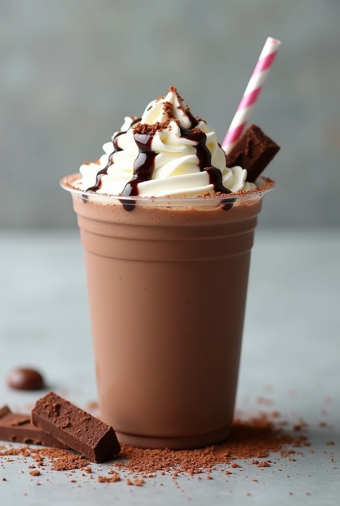 iced chocolate drink in a plastic cup, Add embellishments like grated chocolate sprinkles, Chocolate shavings, or even a small piece of chocolate on the rim of the glass as a garnish. Fill the glass with thick and creamy iced chocolate, Garnish with whipped cream and chocolate sauce.
