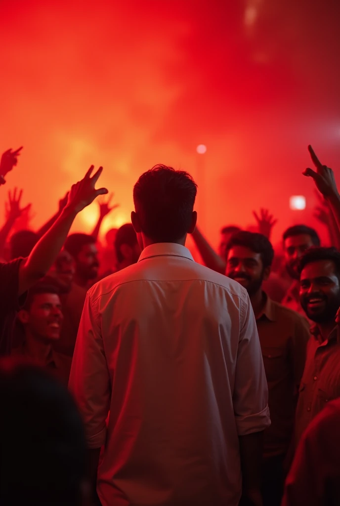A person giving free ambulance to tamilnadu people's wearing white shirt and red gardon background cinematic red shade crowd celebrating that person