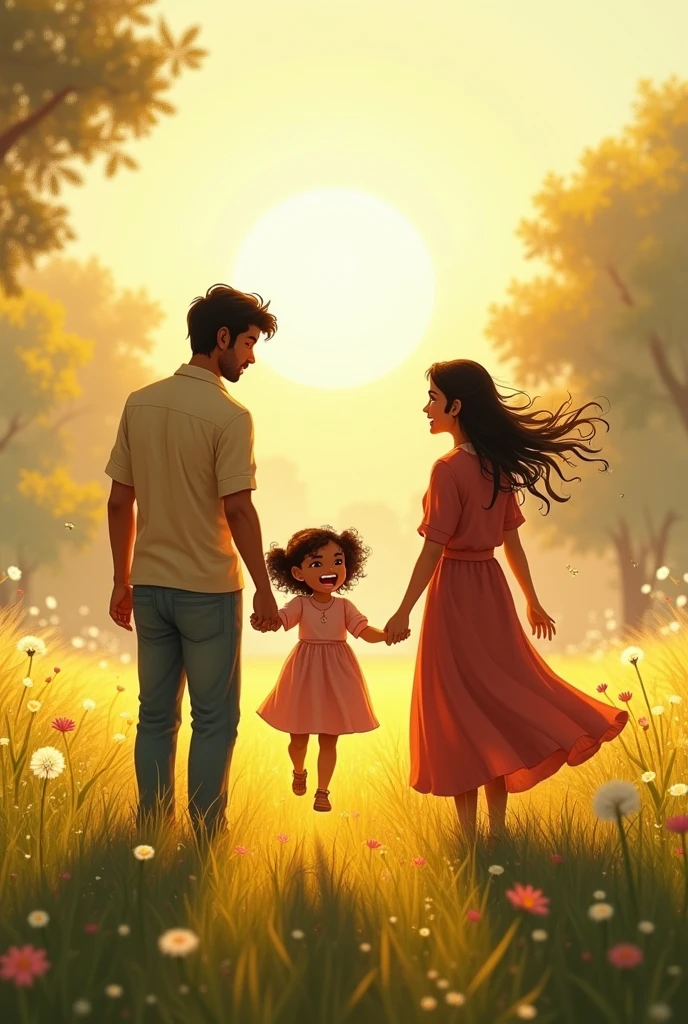 The Happy Family: Depict a flashback scene of Lila, Raghav, and Meera together in a warm, sunlit field. Lila and Raghav are smiling, watching Meera play joyfully, capturing the love and happiness they once shared.