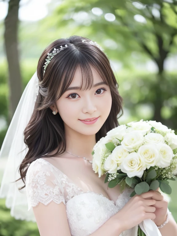 Photo-realistic quality、a woman in a Wedding dress holding a bouquet of flowers、Standing in front of the church、20 year old Japanese model、白のWedding dress,Hanae Mori style wedding dress、Japan idols at 20 years old、lace prom dresses、looking at the camera、Detailed and beautiful eyes、Cute smile、Relaxed and gentle expression、a close up of a woman in a Wedding dress holding a bouquet, Wedding dress, So magical and dreamy、Blur the background a lot、300mm F2.Shot with 8 lenses