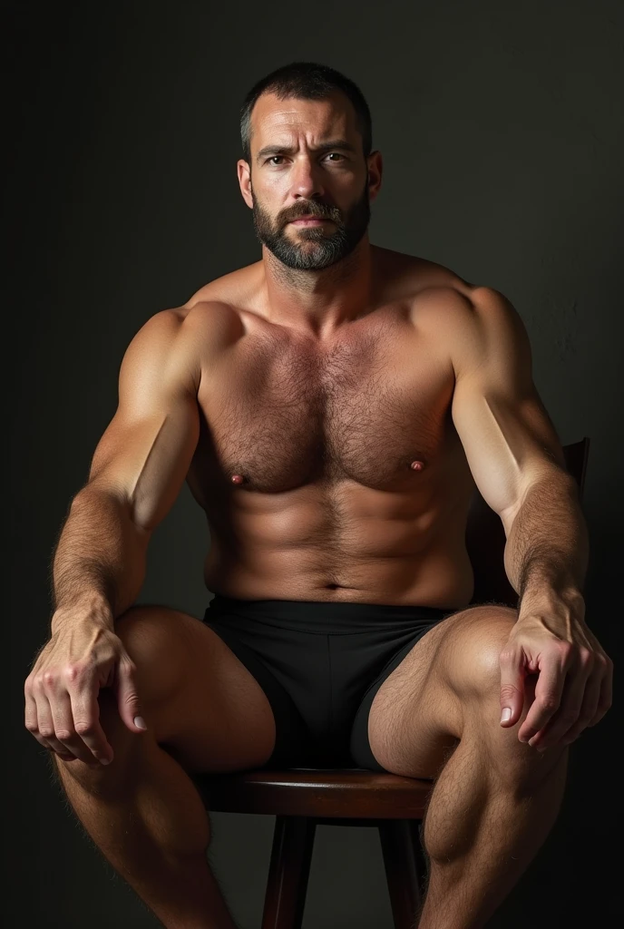 (photorealism:1.2), younger looking but still oldish dominant looking military dilf with body hair wearing nothing but his black boxers sitting down manspreading fully erect and proud of it touching his print and showing it off while his penis is poking out from the side of his boxers.
