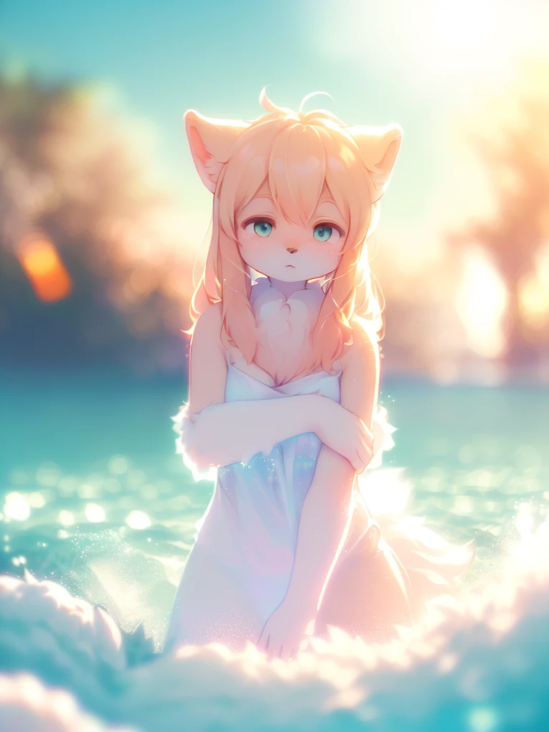 (Sumilux f1.4 24mm , low Latitude old color negative film , cross process , (bokeh), Long exposure , blur , flare, chromatic aberration , soft focus, (Shallow focus) , soft glow , Maximum aperture, high Key , Transparent depiction , Tyndall:1.3) , Fluffy woman , Fluffy foam on private parts