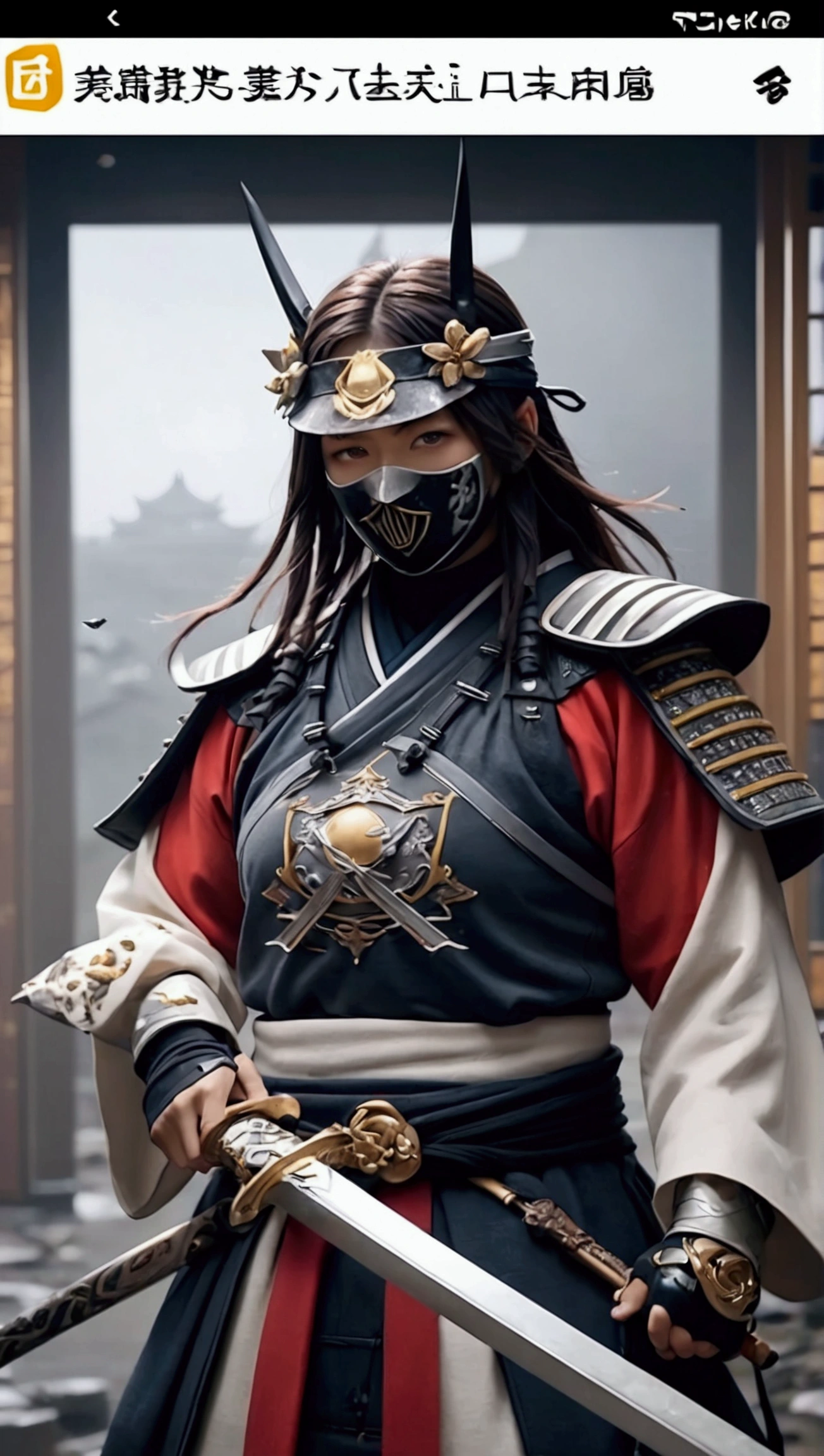 (Japanese sword &reference;Muramasa 2&reference;.2)Beautiful 27 year old woman、Japanese women、Tie your hair back、Hair ornament artist、Shinobi Costume、Warrior、Clear Eyes、{Arm tattoo(SakuraFubuki}&#39;Back Tattoo、Warrior、(Japanese swordを両手で構える、1.3)(Japanese sword1.2)Intermediate position、In front of the body、(Holding a sword horizontally 1.3)、whole body、Long Blade Sword、Realistic battle scenes、敵Warriorの返りBlood、Blood、High resolution、Highest quality、Very detailed、8k、background、The castle is burning、Sparks fly、