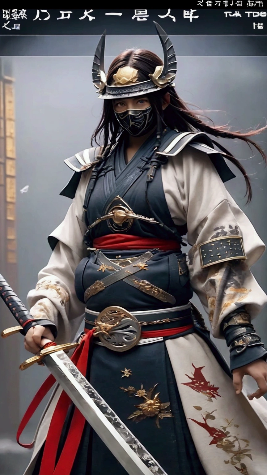 (Japanese sword &reference;Muramasa 2&reference;.2)Beautiful 27 year old woman、Japanese women、Tie your hair back、Hair ornament artist、Shinobi Costume、Warrior、Clear Eyes、{Arm tattoo(SakuraFubuki}&#39;Back Tattoo、Warrior、(Japanese swordを両手で構える、1.3)(Japanese sword1.2)Intermediate position、In front of the body、(Holding a sword horizontally 1.3)、whole body、Long Blade Sword、Realistic battle scenes、敵Warriorの返りBlood、Blood、High resolution、Highest quality、Very detailed、8k、background、The castle is burning、Sparks fly、