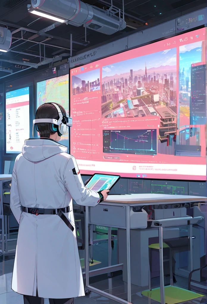 Cyborg teacher with mechanical arm and bionic eye, wearing a white coat and holding a holographic tablet, Standing in front of an interactive digital whiteboard, Show complex graphs and formulas, Teaching a lesson to students wearing augmented reality headsets and smart bracelets, Modern, Bright classroom, From the window you can see a futuristic cityscape with skyscrapers and flying vehicles..