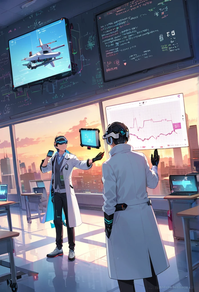 Cyborg teacher with mechanical arm and bionic eye, wearing a white coat and holding a holographic tablet, Standing in front of an interactive digital whiteboard, Show complex graphs and formulas, Teaching a lesson to students wearing augmented reality headsets and smart bracelets, Modern, Bright classroom, From the window you can see a futuristic cityscape with skyscrapers and flying vehicles..