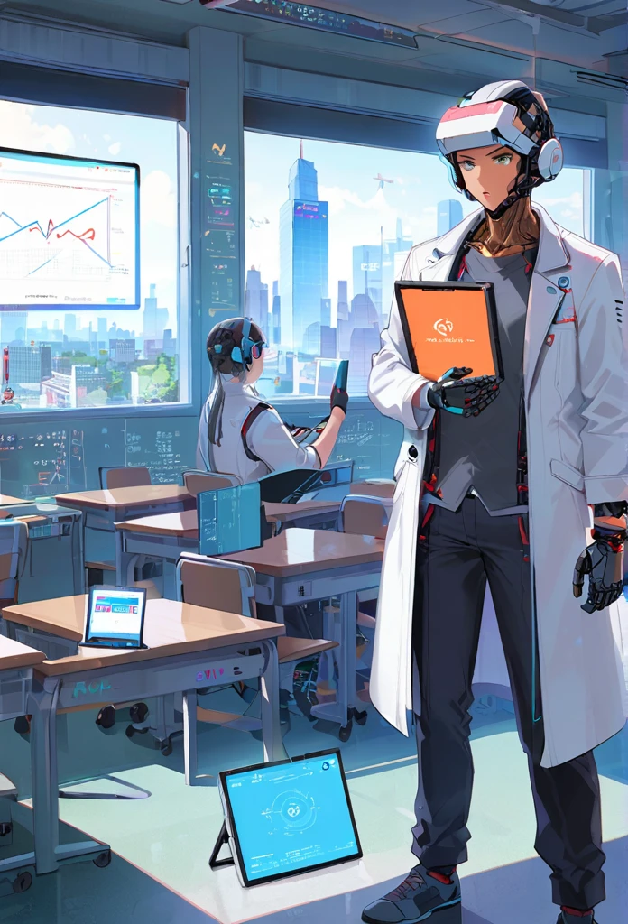 Cyborg teacher with mechanical arm and bionic eye, wearing a white coat and holding a holographic tablet, Standing in front of an interactive digital whiteboard, Show complex graphs and formulas, Teaching a lesson to students wearing augmented reality headsets and smart bracelets, Modern, Bright classroom, From the window you can see a futuristic cityscape with skyscrapers and flying vehicles..