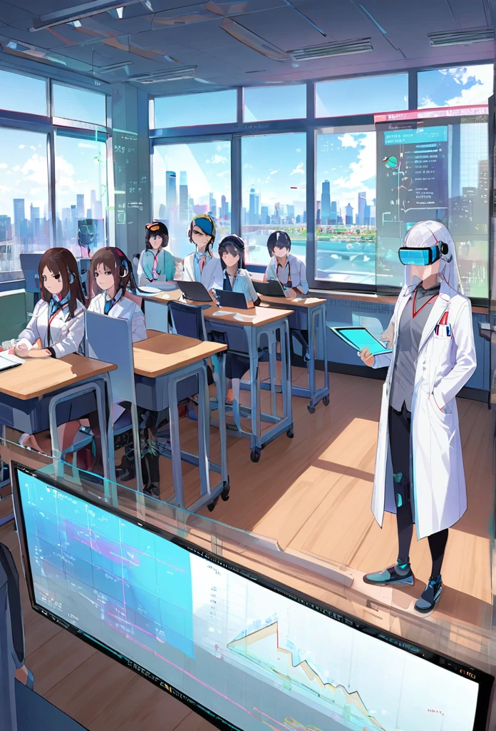 Cyborg teacher with mechanical arm and bionic eye, wearing a white coat and holding a holographic tablet, Standing in front of an interactive digital whiteboard, Show complex graphs and formulas, Teaching a lesson to students wearing augmented reality headsets and smart bracelets, Modern, Bright classroom, From the window you can see a futuristic cityscape with skyscrapers and flying vehicles..