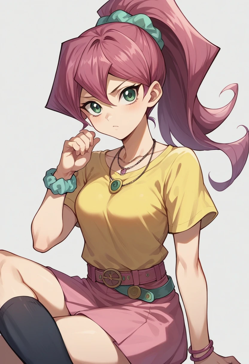masterpiece, Highest quality, High resolution, bbmazaki, ponytail, Hair Scrunchie, necklace, Yellow Shirt, No sleeve, bracelet, belt, mini skirt, Pink Skirt, Black knee socks, Yu-Gi-Oh!,