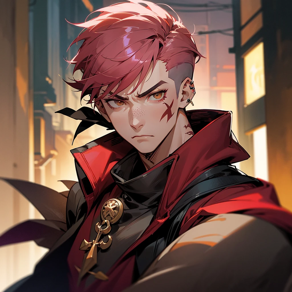 arcane style, (1 man), handsome, cropped hooded jacket, dark red jacket with black details, tattoo on arm, asymmetrical bangs, band-aid, short hair (shaved on one side), bangs freckles, light brown eyes, muscular man, looking at viewer, tattoo on neck, piercing in nose, pink hair, scar, scar on face, solo, tattoo on face, detailed background, city, alley, dark alley, night, angry, close-up, mouth closed, , ((masterpiece)), masculine face,
