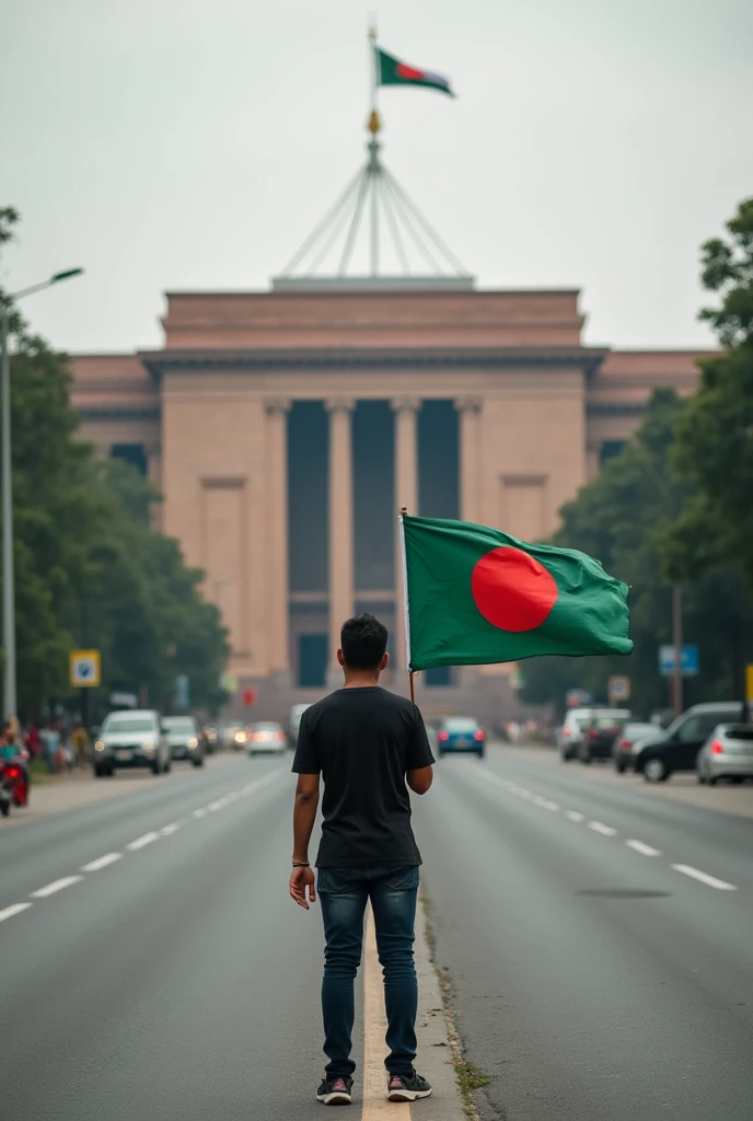A Man stands on the streets of Bangladeshi Parliamentary Building with a Bangladeshi flag in his hand.