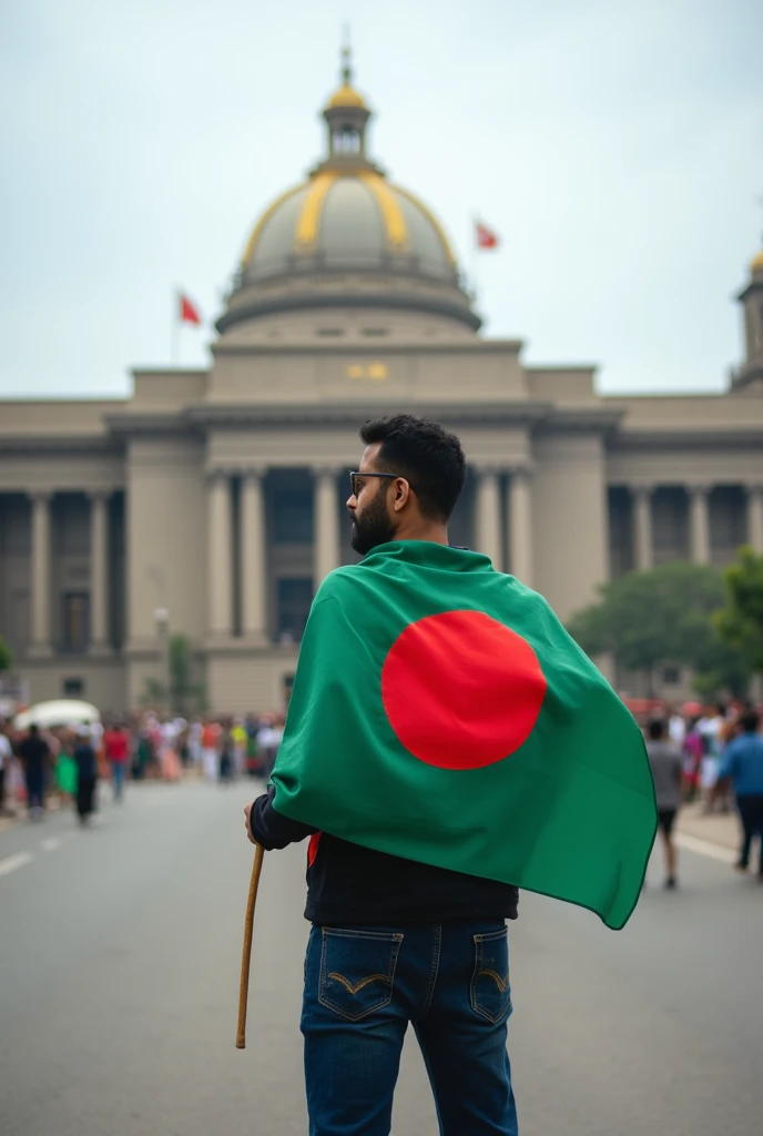 A Man stands on the streets of Bangladeshi Parliamentary Building with a Bangladeshi flag in his hand. 
