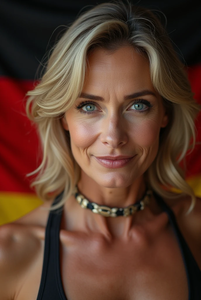Beautiful mature woman 45 years old, wrinkles on the face, detailed face and texture, From Germany, looks into the frame, sexy, languid face, bright blue eyes, sexual makeup, germany flag on background, belt