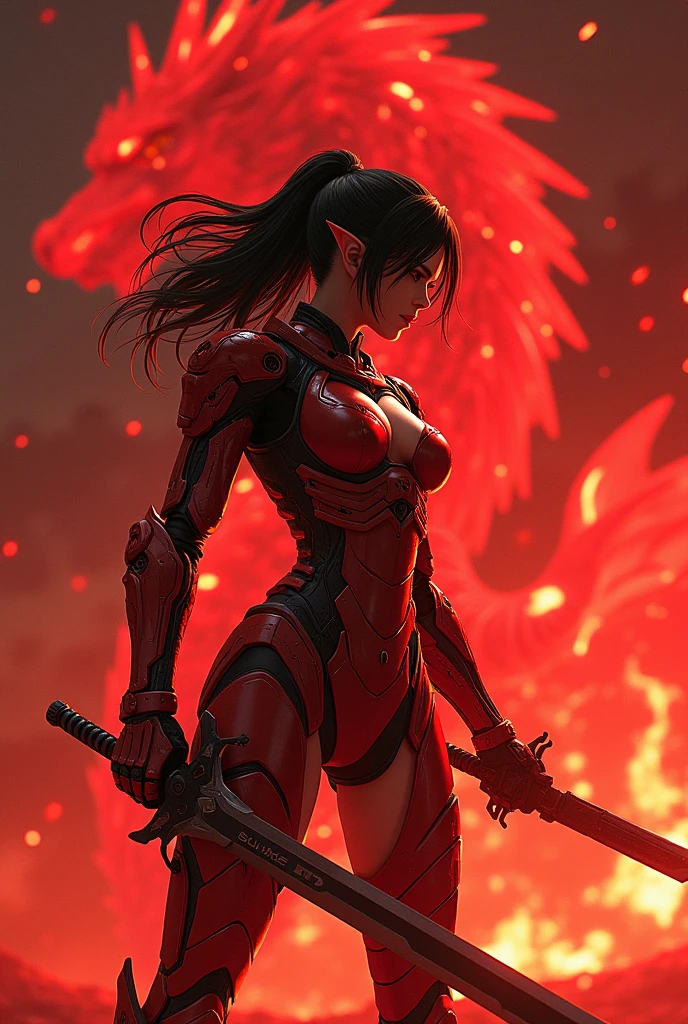 (masterpiece:1.2, Highest quality,High resolution,Super detailed),8k,wallpaper,(Very detailed),(Armored Core Style),Woman in ninja robot armor,Black Hair,Random Hairstyles,(Flame Ninja),(Red body),(Detailed face:1.3),(Detailed body:1.3),(Cowboy Shot:1.6),(The background is a red battlefield with a translucent dragon made of summoned flames.:2.0),Hair blowing in the wind,cyber punk,(dynamic),(Preparing for battle,Wield a giant sword with both hands:1.2,The electronic parts of the armor glow.:1.6),(Detailed hands:1.6),(Flashy special move effects:2.0), elf ears, cleavage, thigh, short skirt, sexy