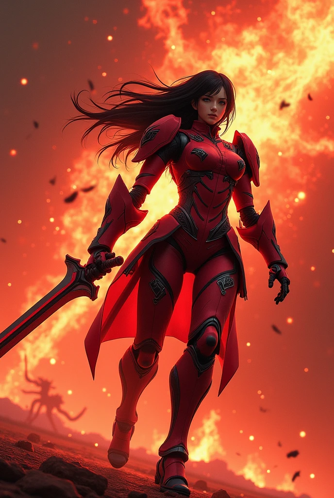 (masterpiece:1.2, Highest quality,High resolution,Super detailed),8k,wallpaper,(Very detailed),(Armored Core Style),Woman in ninja robot armor,Black Hair,Random Hairstyles,(Flame Ninja),(Red body),(Detailed face:1.3),(Detailed body:1.3),(Cowboy Shot:1.6),(The background is a red battlefield with a translucent dragon made of summoned flames.:2.0),Hair blowing in the wind,cyber punk,(dynamic),(Preparing for battle,Wield a giant sword with both hands:1.2,The electronic parts of the armor glow.:1.6),(Detailed hands:1.6),(Flashy special move effects:2.0), elf ears, cleavage, thigh, short skirt, sexy