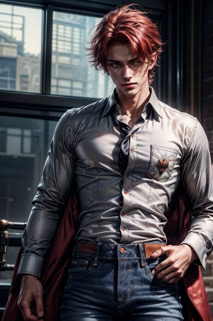Raw photo, masterpiece, best quality, ultra-detailed, high resolution, extremely detailed CG, unity 8k wallpaper, official art, production art, novel illustration, caustics, textile shading, super detailed skin, perfect anatomy, detailed, cinematic lighting, dynamic lighting, piercing red eyes, young adult guy, chiseled physique, 20 years old, handsome detailed eyes, (bronze-white skin), arrogant smile, (Formal shirt, jeans :1.5), slender and lanky build, Fiery red hair, piercing jet black eyes, detailed eyes, handsome eyes, full lips, tall height(190cm), behind viewer, back, close up picture