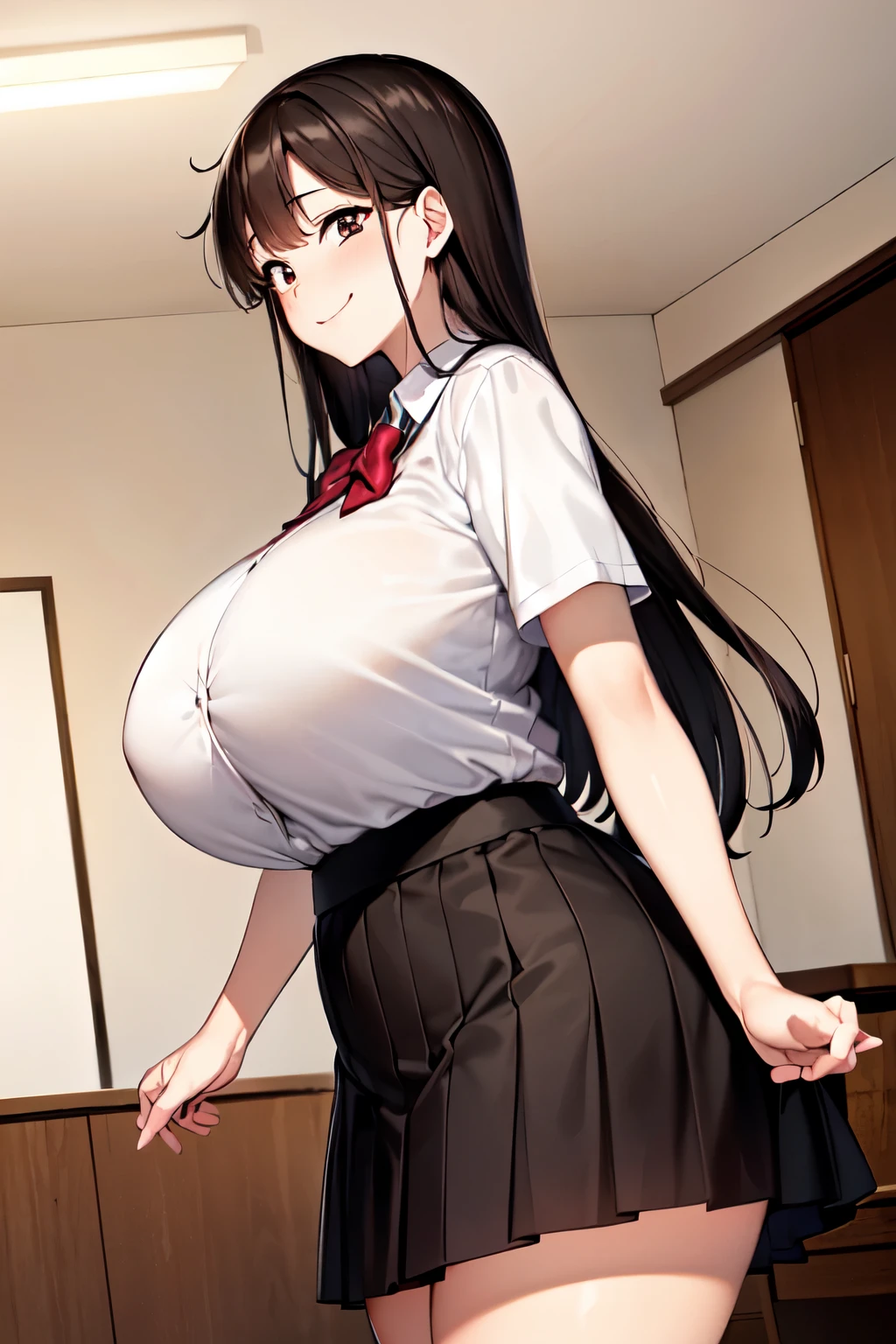 (超High resolution,4K,Very detailed, photograph, 8k, High resolution, High resolution, Absurd:1.2),16 year old Japanese girl,expensive,Long black hair,Beautiful character design,Beautifully detailed eye depiction,Perfect Face,Expressive eyes,blush,(A satisfied smile:1.2),School uniforms,(Huge breasts:1.2),Narrow waist,In the living room,Daytime