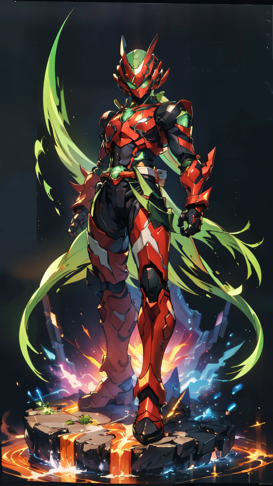(masterpiece:1.5, best quality:1.5, extremely delicate:1.5, superhero pose:1.5), a man wearing a full-face helmet, a fantasy-style biotech armored combat suit, green eyes, (a composite layered chest armor), fully enclosed shoulder guards, matching arm and leg guards, belt of Neon circuit, (the color scheme is primarily black with green and red accents), the design balances heavy with agility, a high-tech bio-mecha armor, (Armor Concept Inspired by Godzilla, stand on the top of a skyscraper in a futuristic sci-fi city), this character embodies a finely crafted fantasy-surreal style armored hero in anime style, exquisite and mature manga art style, (element, plasma, energy, the armor glows), ((male:1.5)), metallic, high definition, highres, ultra-detailed, ultra-fine painting, professional, perfect body proportions, golden ratio, anatomically correct, symmetrical face, extremely detailed eyes and face, high quality eyes, creativity, RAW photo, UHD, 32k, Natural light, cinematic lighting, masterpiece-anatomy-perfect