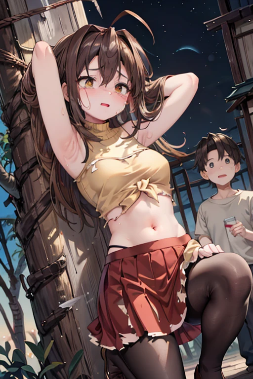 1adult woman,1boy, ((The woman's hands were tied above her head to a tree)), armpits, tied wrist , ((boy face to breasts, boy is kneeing, Boy licking stomach )),woman ls Naru Narusegawa:1.5,ahoge, perfect yellow sweater,red skirt,  Belly button exposed, Torn pantyhose, Highest Resolution, Highest quality, The woman blushes, woman cried bitterly and tiar drop and open mouse and Drooling over , In the park, a night