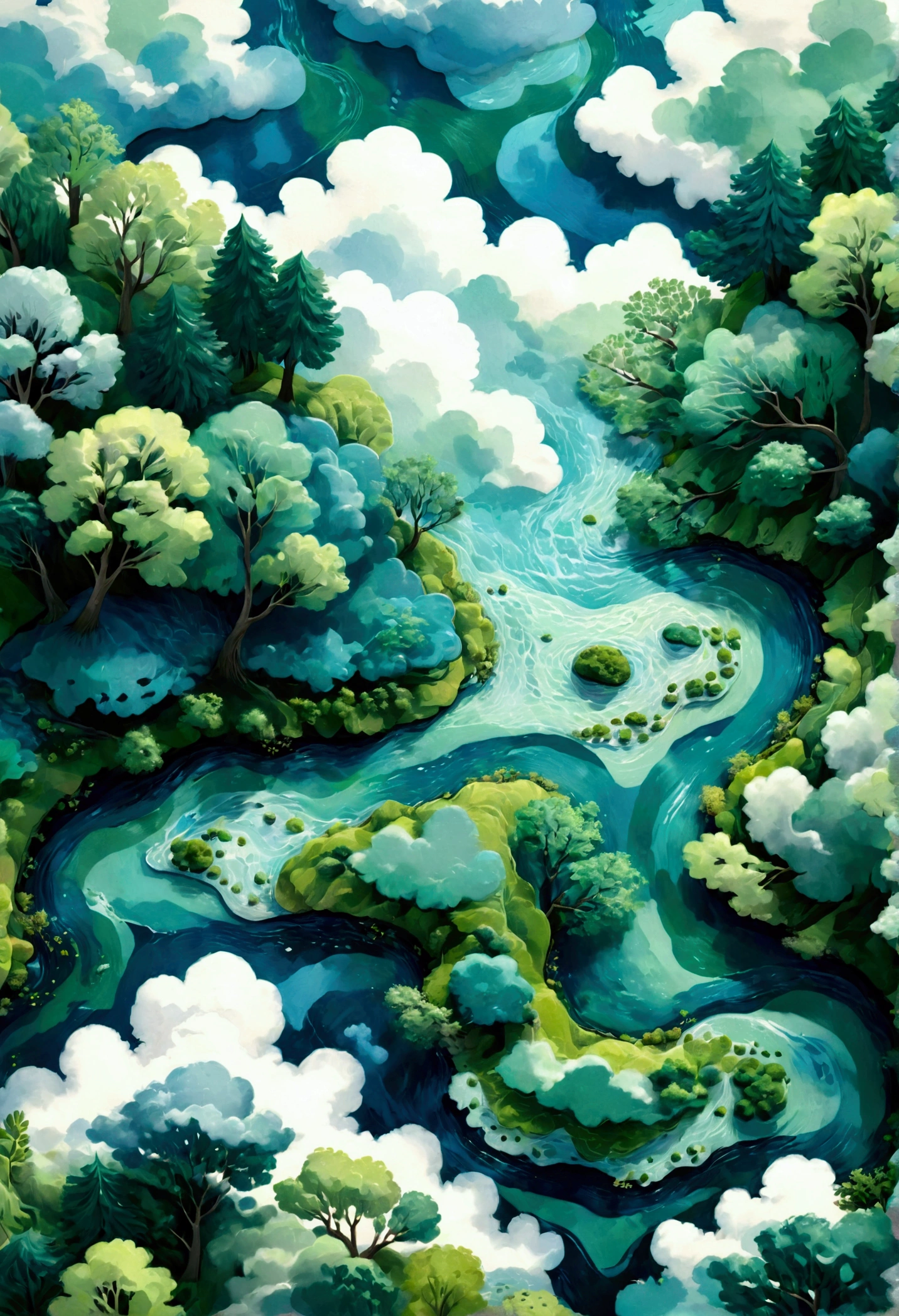 A blue river, green trees and white clouds, top view, patterned paper background, light sky blue and emerald green, soft colors, bright, a whimsical children's book illustration