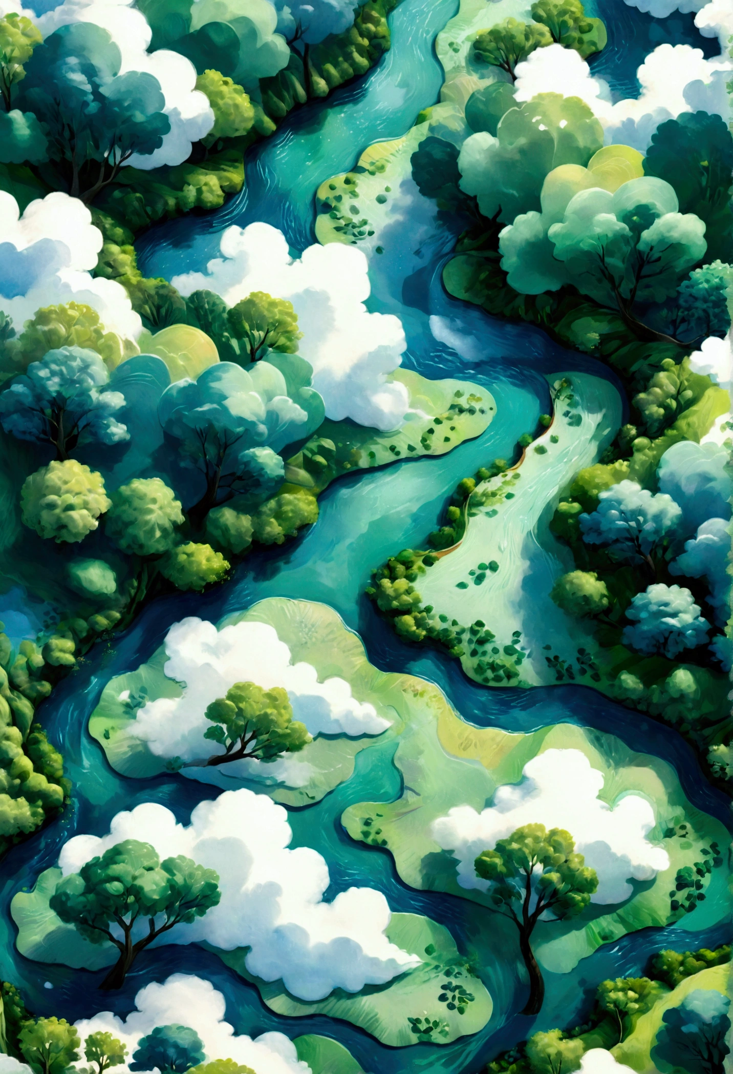 A blue river, green trees and white clouds, top view, patterned paper background, light sky blue and emerald green, soft colors, bright, a whimsical children's book illustration