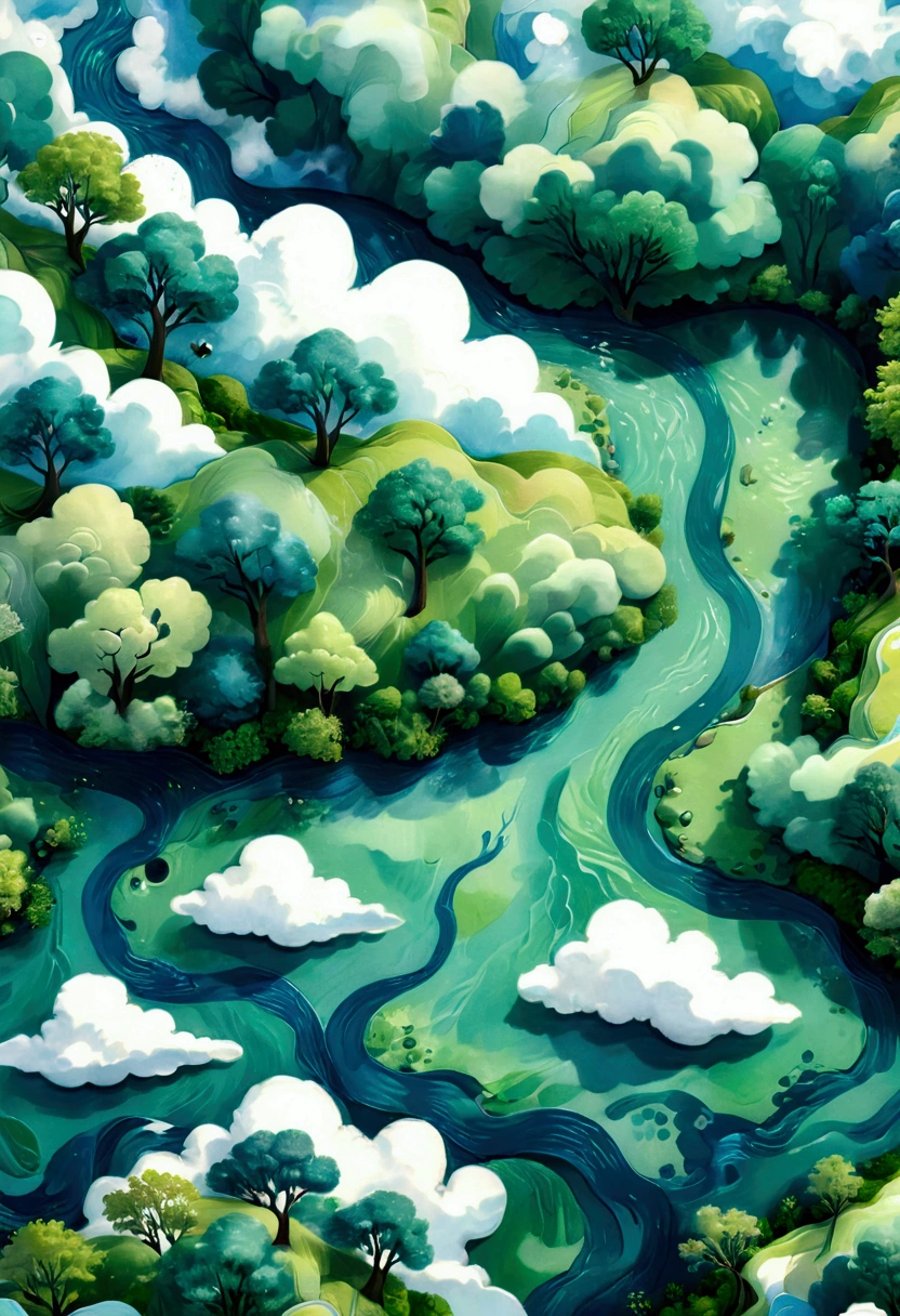 A blue river, green trees and white clouds, top view, patterned paper background, light sky blue and emerald green, soft colors, bright, a whimsical children's book illustration