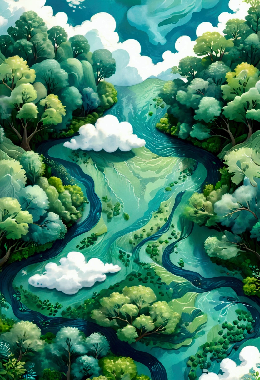 A blue river, green trees and white clouds, top view, patterned paper background, light sky blue and emerald green, soft colors, bright, a whimsical children's book illustration