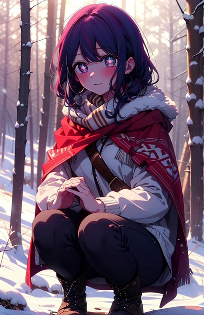 aihoshino, Ai Hoshino, Long Hair, bangs, (Purple eyes:1.1), Purple Hair, (Symbol-shaped pupil:1.5), smile,,smile,blush,white breath,
Open your mouth,snow,Ground bonfire, Outdoor, boots, snowing, From the side, wood, suitcase, Cape, Blurred, , forest, White handbag, nature, Squat, Mouth closed, Cape, winter, Written boundary depth, Black shoes, red Cape break looking at viewer, Upper Body, whole body, break Outdoor, forest, nature, break (masterpiece:1.2), Highest quality, High resolution, unity 8k wallpaper, (shape:0.8), (Beautiful and beautiful eyes:1.6), Highly detailed face, Perfect lighting, Highly detailed CG, (Perfect hands, Perfect Anatomy),
