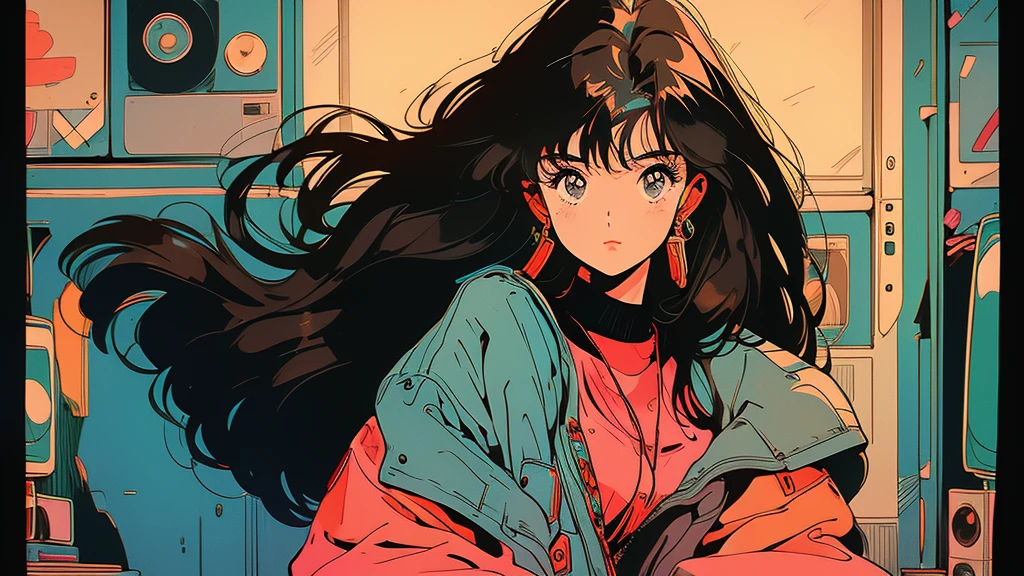 90s city pop vibes。Highest quality。A beautiful woman with long, straight brown hair。The subject is standing alone.。The background is a room with a retro atmosphere.、Records lined up。listening to music on a cassette tape。Earphones in the ears。