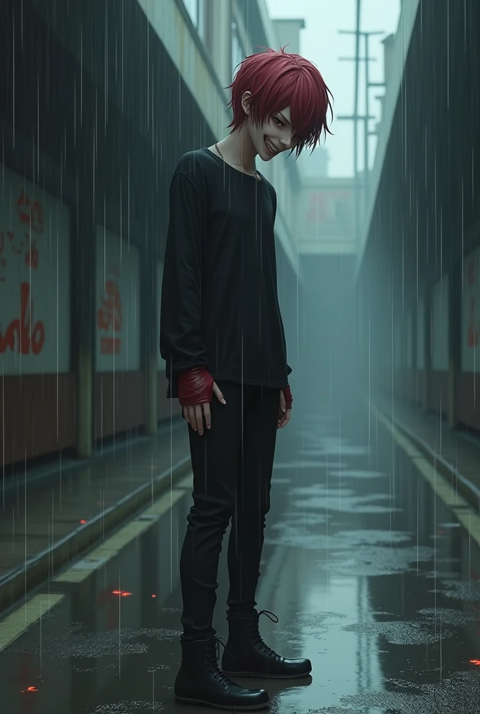 a male age character with anime features, with a psychopathic smile on his face, wearing a black long-sleeved shirt, black pants, short black boots tucked into pants, black gloves with finger holes and dark red hair, pale skin and beige eyes, in a dark and terrifying post-apocalyptic setting under heavy rain, with the entire scenery and lights reflected in the water forming on the concrete floor from the rain