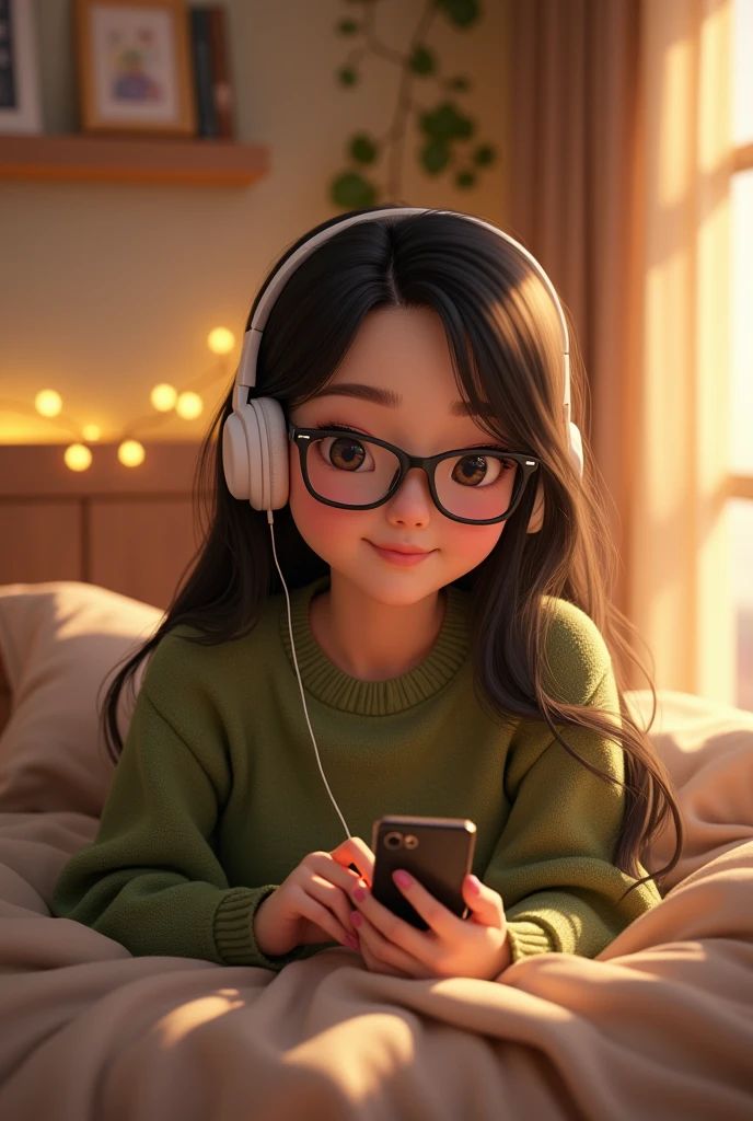pretty pinay anime girl wearing white headphones, olive sweater, round black glasses, lying on bed using a cellphone, in a bedroom with warm lighting