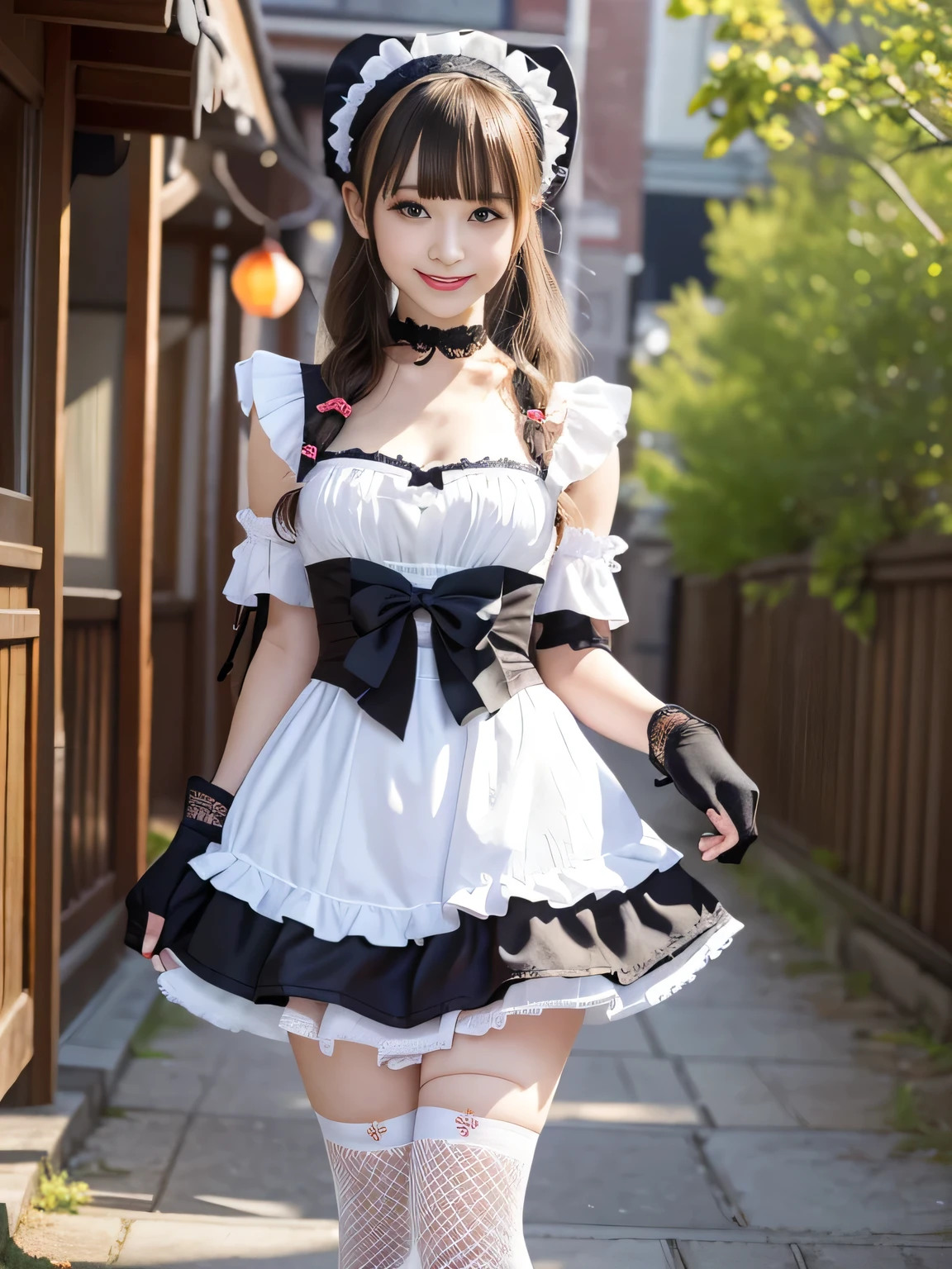 (8k、RAW Photos、Highest quality、masterpiece:1.2)、(Realistic、Realistic:1.37)、Very detailed、Ultra-high resolution、Full Body Shot、Thighs、1 girl、View your viewers、Beautifully detailed face、Laughter、narrow、(Tight waist) :1.3)、Beautiful and detailed skin、Skin Texture、Floating Hair、Professional Lighting、Human whole body、bionde、Height of Japanese people 、high school girl、maid Cafe、Maid clothes、Gothic Lolita Clothing、Lace Headband、Lace choker、Twin tail hairstyle、E cup breasts、smile、18-year-old、Red ribbon、Baby Face、Childish smile、Sappin''