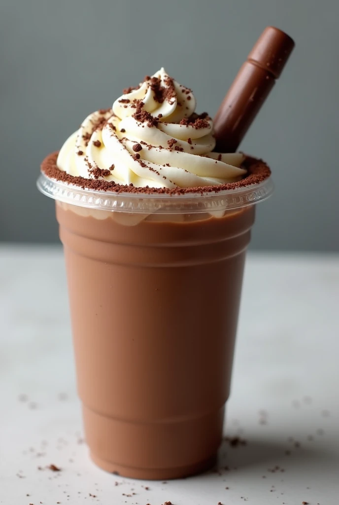 iced chocolate drink in a plastic cup, Add embellishments like grated chocolate sprinkles, Chocolate shavings, or even a small piece of chocolate on the rim of the glass as a garnish. Fill the glass with thick and creamy iced chocolate