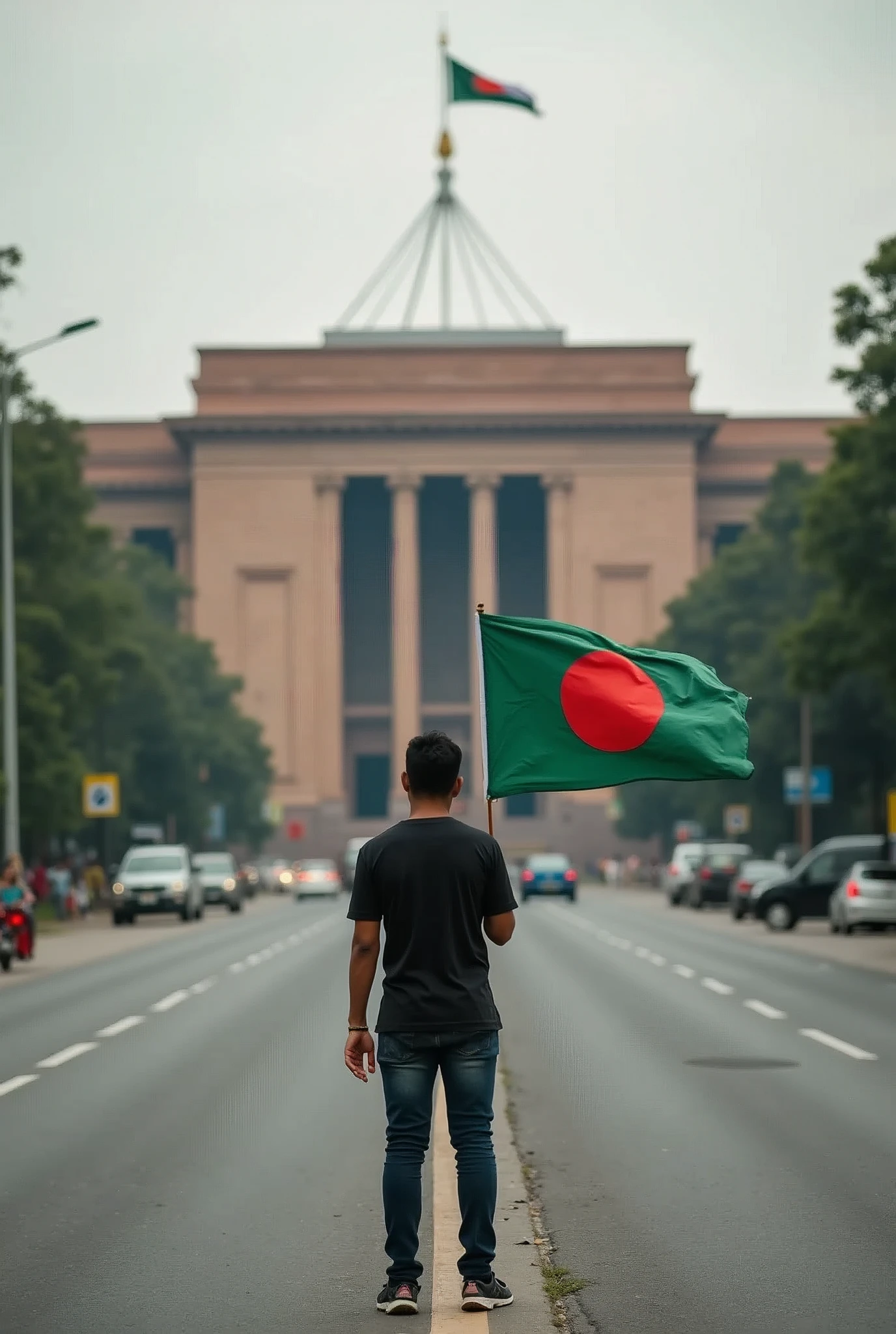 A Man stands on the streets of Bangladeshi Parliamentary Building with a Bangladeshi flag in his hand.