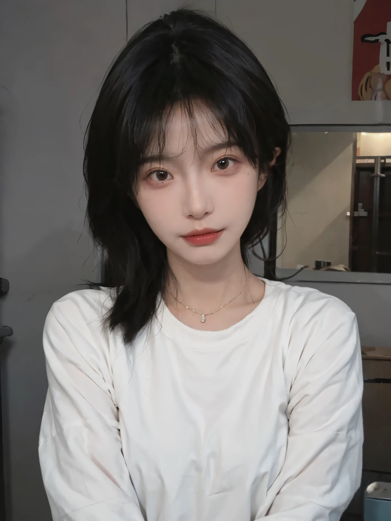 best qualtiy, Ultra-high resolution, (realisticlying:1.4),cute hairpin,1girll,Cropped black sweater ,head straight-looking at viewer,Full of atmosphere,Beautiful woman with a slim figure:1.4, abs:1.1, bathroom,Ultra-fine face,Elaborate Eyes,double eyelid,choker necklace