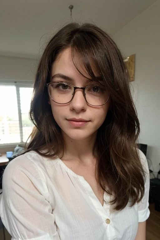 a white Brazilian woman , Your hair is brown with some blonde highlights , is in his 20s , She wears a blouse and glasses and looks like a shy nerdy girl.