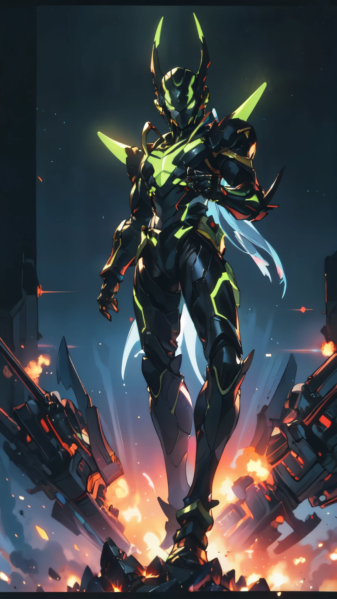 (masterpiece:1.5, best quality:1.5, extremely delicate:1.5, superhero pose:1.5), a man wearing a full-face helmet, a fantasy-style biotech armored combat suit, green eyes, (a composite layered chest armor), fully enclosed shoulder guards, matching arm and leg guards, belt of Neon circuit, (the color scheme is primarily black with green and red accents), the design balances heavy with agility, a high-tech bio-mecha armor, (Armor Concept Inspired by Godzilla, stand on the top of a skyscraper in a futuristic sci-fi city), this character embodies a finely crafted fantasy-surreal style armored hero in anime style, exquisite and mature manga art style, (element, plasma, energy, the armor glows), ((male:1.5)), metallic, high definition, highres, ultra-detailed, ultra-fine painting, professional, perfect body proportions, golden ratio, anatomically correct, symmetrical face, extremely detailed eyes and face, high quality eyes, creativity, RAW photo, UHD, 32k, Natural light, cinematic lighting, masterpiece-anatomy-perfect
