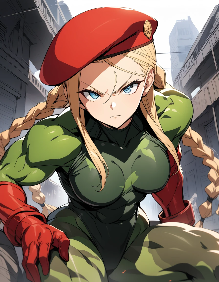 Digital illustration of a female character Cammy White with a muscular build, wearing a green, form-fitting bodysuit. She has long blonde hair styled in two braids, a red beret, and red gloves. Her facial expression is serious, with blue eyes and a determined look. The character's skin is fair, and she has green camouflage paint on her legs. The illustration is highly detailed, with a focus on the character's strong physique and intense expression. anime, anatomically correct, super detail, high quality, 4K
