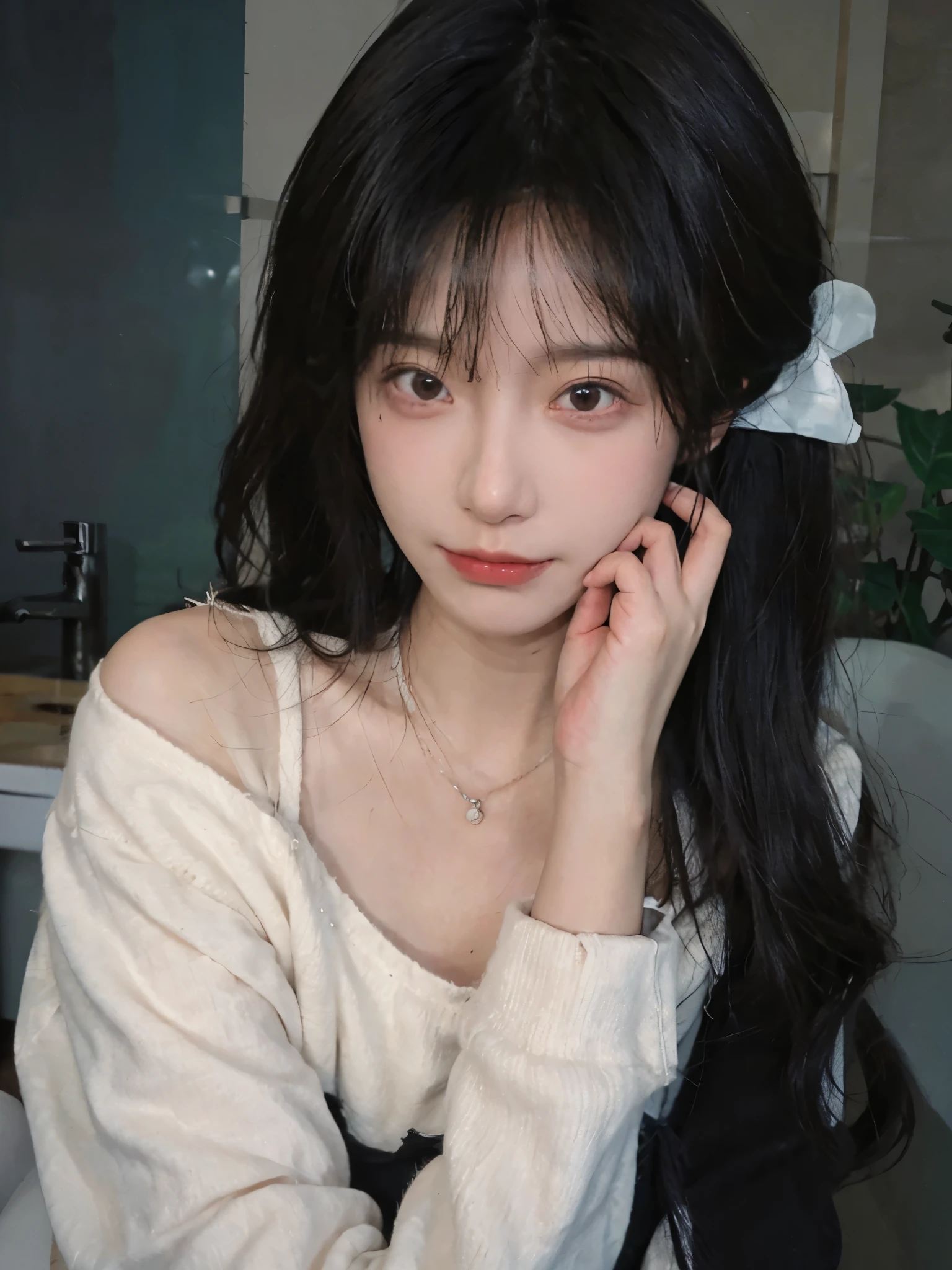 best qualtiy, Ultra-high resolution, (realisticlying:1.4),cute hairpin,1girll,Cropped black sweater ,head straight-looking at viewer,Full of atmosphere,Beautiful woman with a slim figure:1.4, abs:1.1, bathroom,Ultra-fine face,Elaborate Eyes,double eyelid,choker necklace