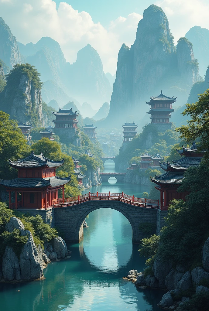 a detailed digital painting of a chinese village landscape with a bridge over a river, cyberpunk chinese ancient castle, dreamy chinese city, highly detailed digital painting, extremely detailed landscape, digital concept art by wlop and ross chan, 4k, highly detailed digital artwork, intricate digital painting, wide angle 672px