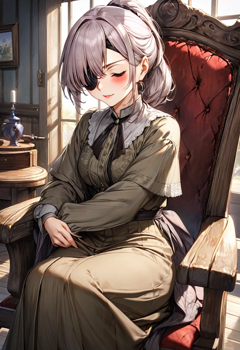 (old mother style), (((she has lost one's left hand))),((wears an eyepatch over one's left eye)), sit down on old chair, (solo low ponytail hair) (beautiful detailed woman, 53 yo, soft smile, glossy lip, looking down), (in a old clothes), break, (masterpiece:1.4, best quality)