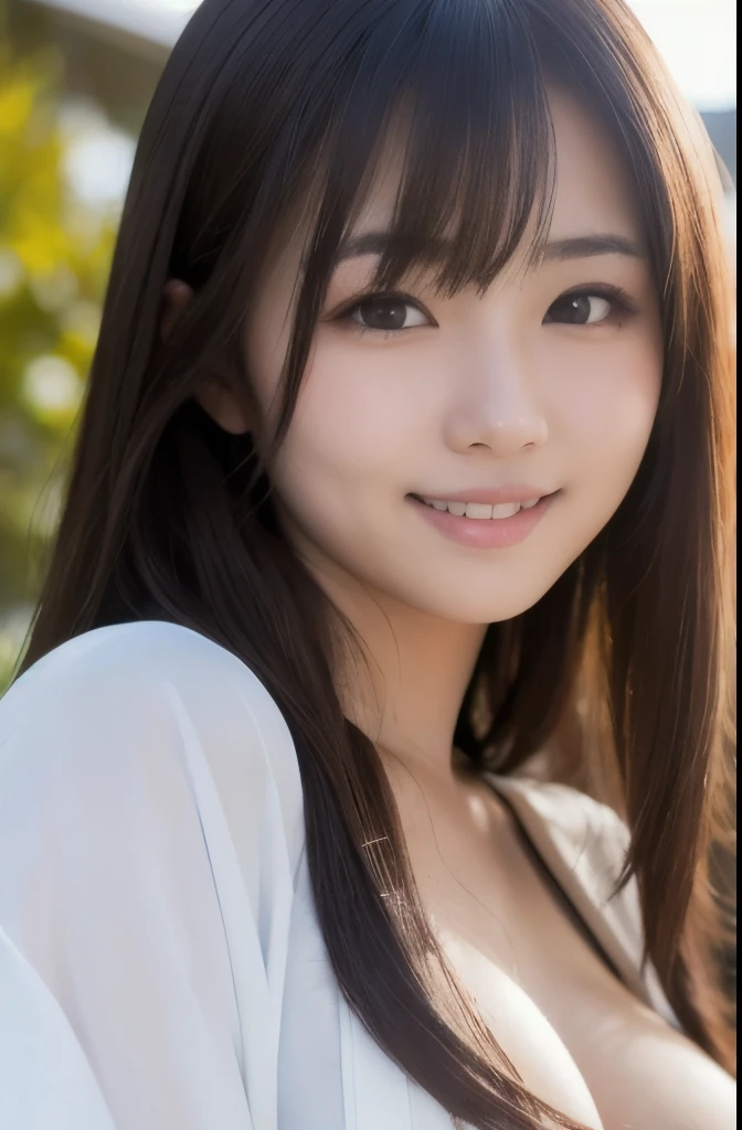 best quality, face focus, soft light, ultra high res, (photorealistic:1.4), RAW photo,(Shinozaki Ai), white skin, kawaii, 1 Japanese girl, solo, cute, (smile), (pupil, lights in the eyes),  detailed beautiful face, Medium-sized breasts,(high resolution detail of human skin texture),(long hair),(portrait), upper body, white traditional kimono