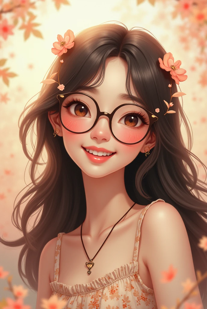 A girl with specs long hair and cute smile and with text "Lucky S Creation" in this Pic.