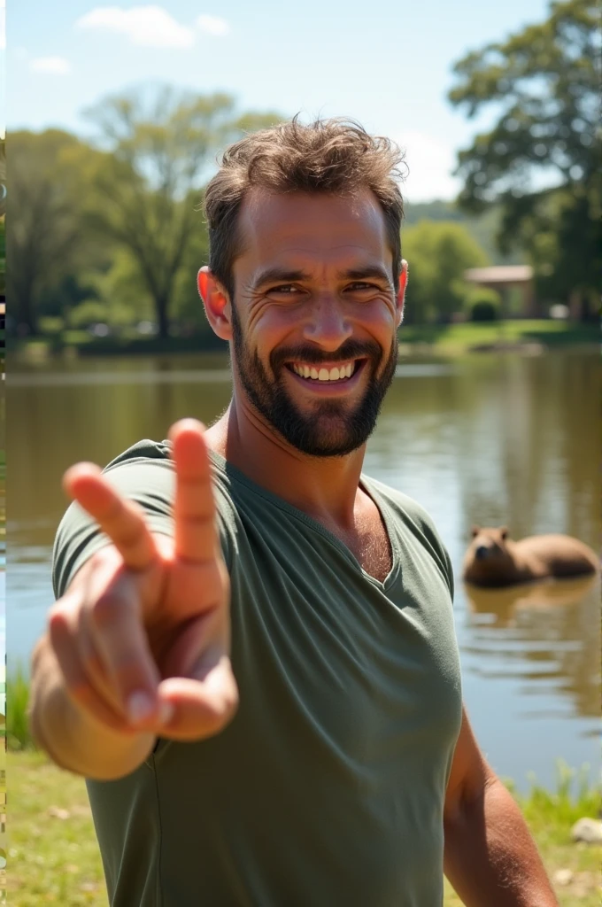 Tall man, Grinning, DOING POSITIVE WITH YOUR HAND, the banks of the lake in Barigui Park in Curitiba, near the capybaras, Sunnyday.