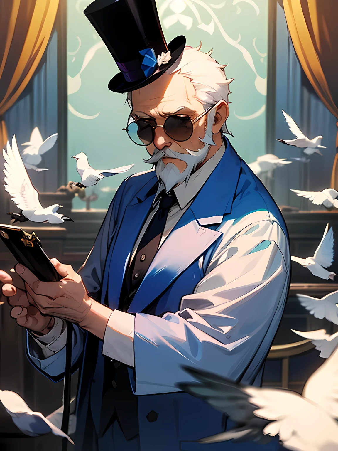 solo, upperbody, bald head, sunglasses, (white beard), old man, magician's blue clothes, entertainer,Holding a top hat、Magic tools、Pigeons、stage、Curtain of the play、Spotlight、